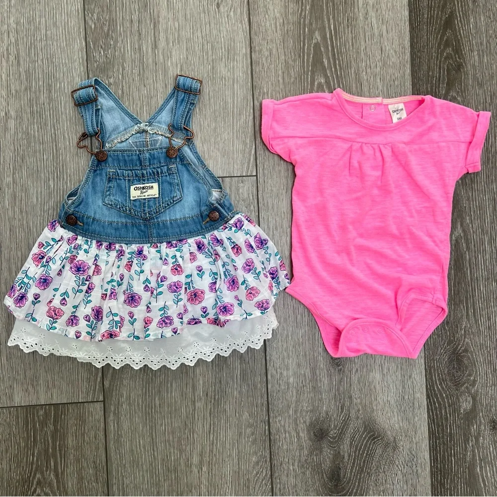 OSHKOSH 2PC SHORT SLEEVE BODYSUIT AND JUMPER OUTFIT 9MO
